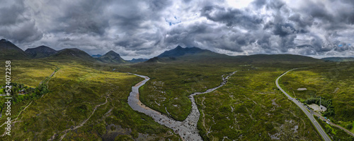 Aerial view in the valey of the Highlands in northern Scotland