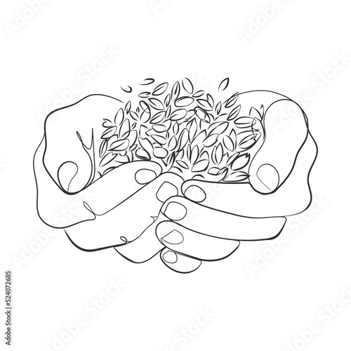 Wheat grains in human palms line art drawing,vector illustration.Farmer hands with grains of wheat or other crops black and white sketch.Logo,emblem,icon design element.Global food crisis