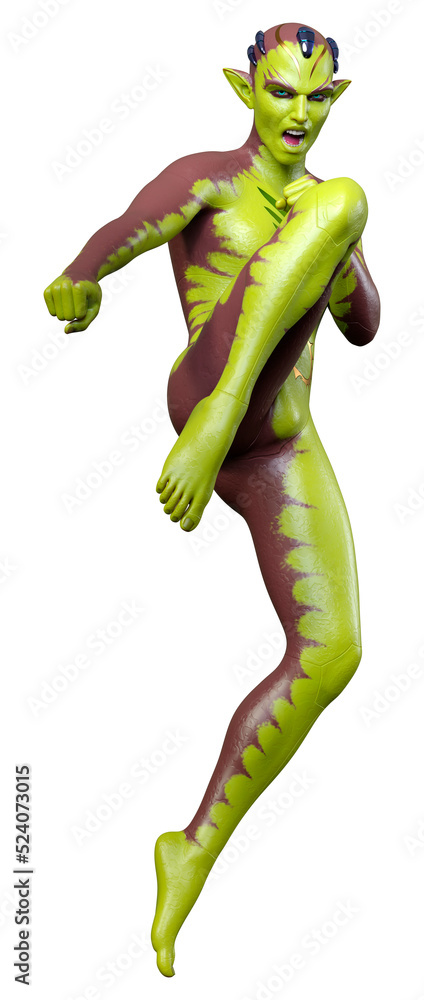 3D Rendering Green Alien on White 3D Rendering Green Alien on White
