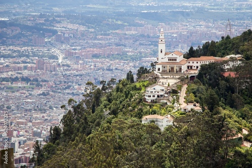 Aerial drone shot of the Monserrate mountain in Bogota, photo