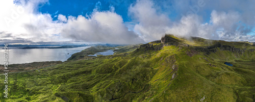 Aerial panoramic view around the Storr on the Isle of Skye in Scotland