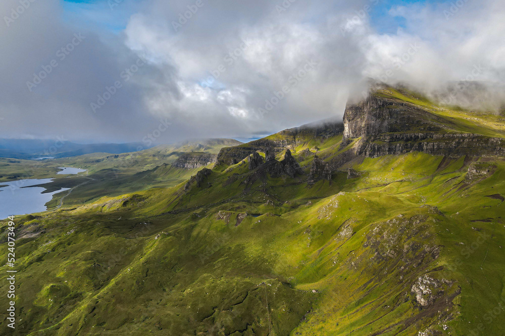 Aerial panoramic view around the Storr on the Isle of Skye in Scotland