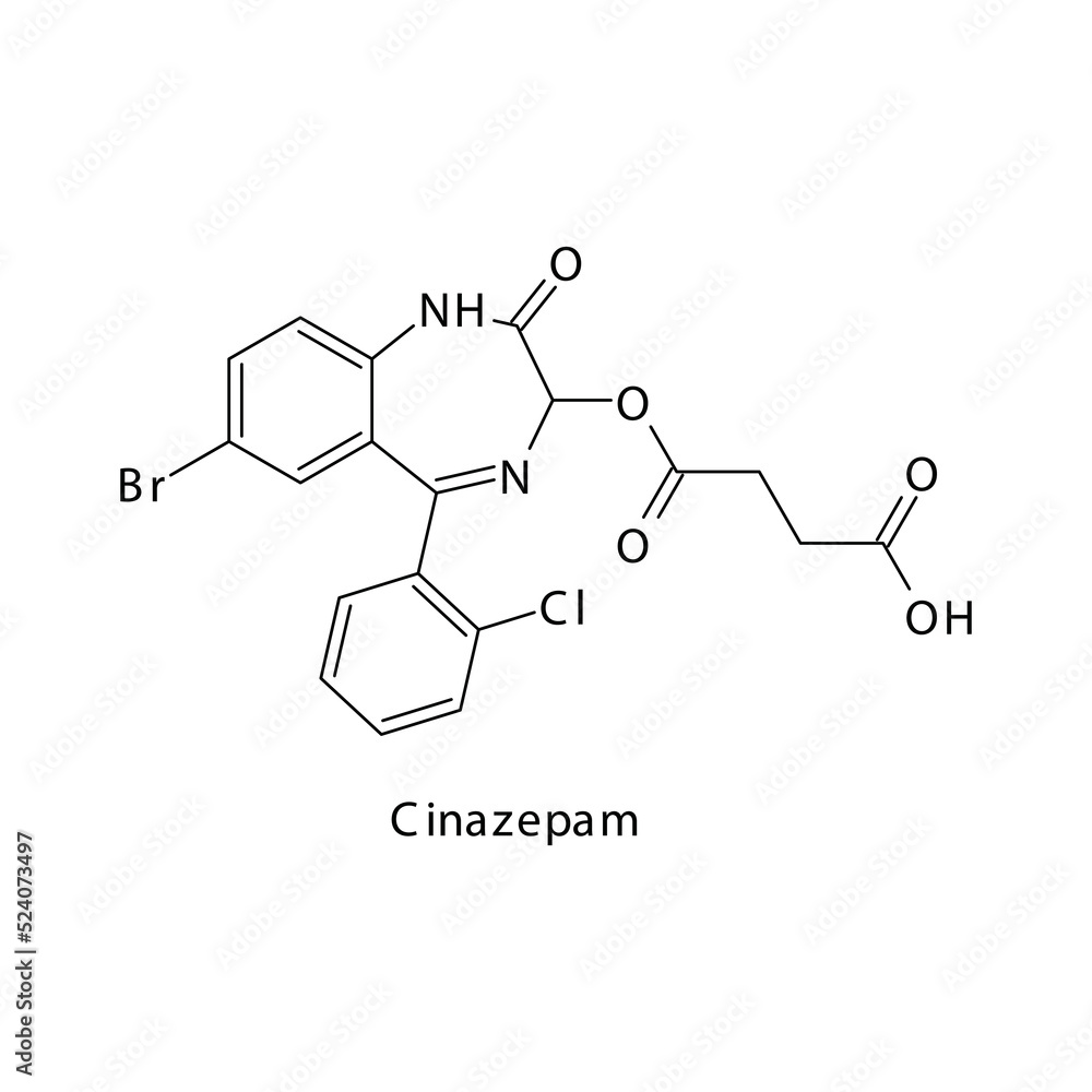 Cinazepam molecule flat skeletal structure, Benzodiazepine class drug used as Sedative, hypnotic agent. Vector illustration on white background. Cinazepam molecule flat skeletal structure, Benzodiazepine class drug used as Sedative, hypnotic agent. Vector illustration on white background.