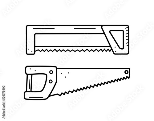 Hand saw doodle cartoon style. Vector illustration of the working tool hacksaw isolated on white.
