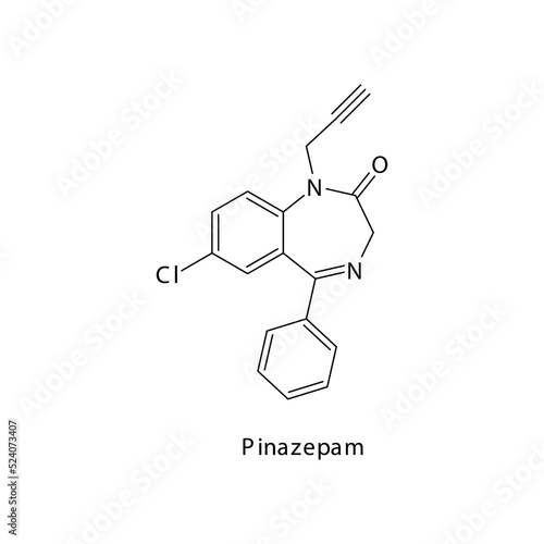 Pinazepam molecule flat skeletal structure, Benzodiazepine class drug used as Anxiolytic, anticonvulsant, sedative, hypnotic agent. Vector illustration on white background.