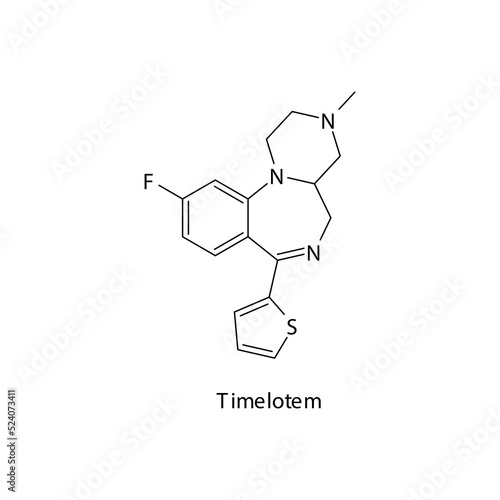 Timelotem molecule flat skeletal structure, Benzodiazepine class drug used as Sedative, hypnotic agent. Vector illustration on white background.