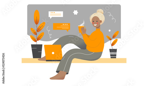 Black  girl is sitting at her laptop with a cup of tea in flat style and with plants