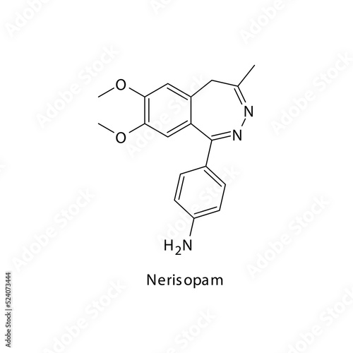 Nerisopam molecule flat skeletal structure, Benzodiazepine class drug used as Anxiolytic, anticonvulsant, sedative, hypnotic agent. Vector illustration on white background.