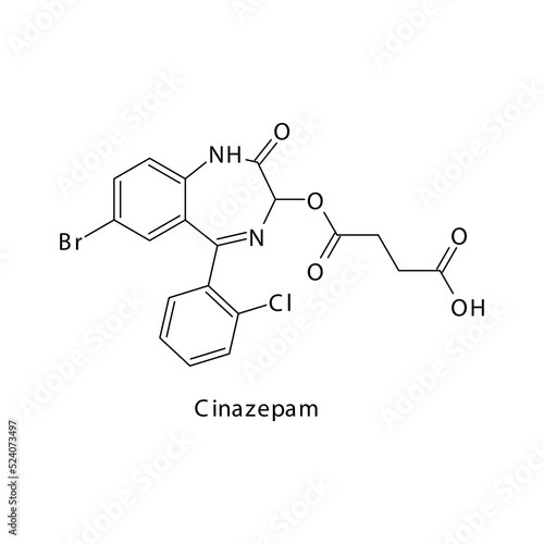 Cinazepam molecule flat skeletal structure, Benzodiazepine class drug used as Sedative, hypnotic agent. Vector illustration on white background.