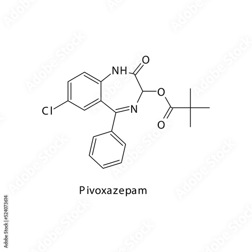 Pivoxazepam molecule flat skeletal structure, Benzodiazepine class drug used as Sedative, hypnotic agent. Vector illustration on white background.