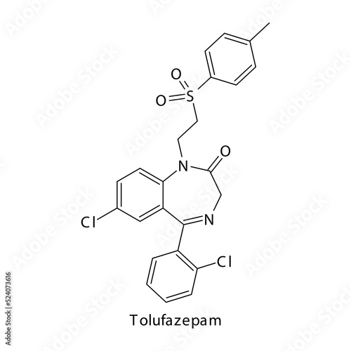 Tolufazepam molecule flat skeletal structure, Benzodiazepine class drug used as Sedative, hypnotic agent. Vector illustration on white background.