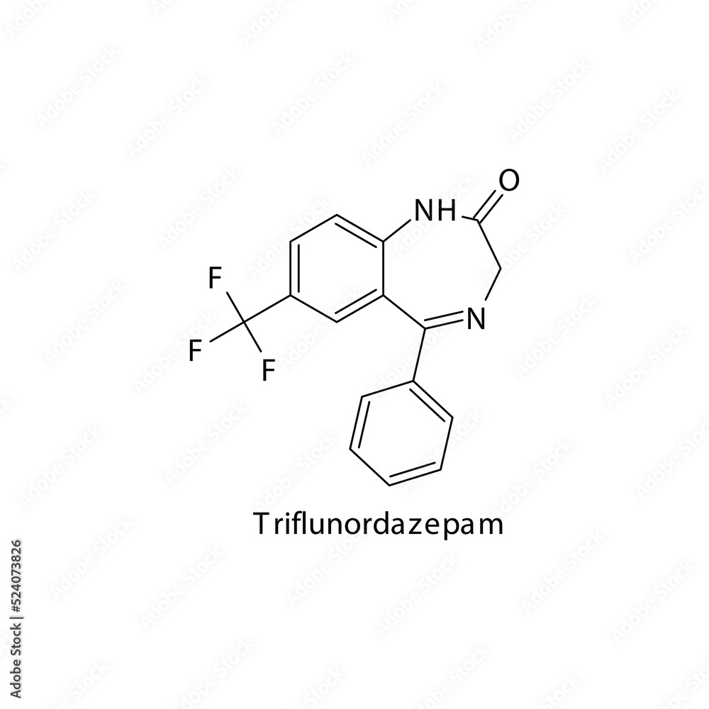 Triflunordazepam molecule flat skeletal structure, Benzodiazepine class