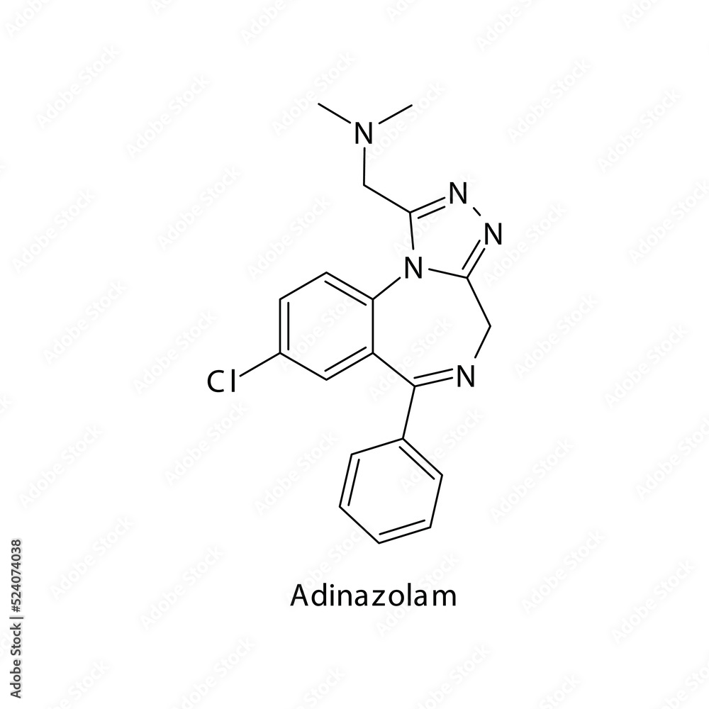 Adinazolam molecule flat skeletal structure, Benzodiazepine class drug used as Anxiolytic, anticonvulsant, sedative, hypnotic agent. Vector illustration on white background.