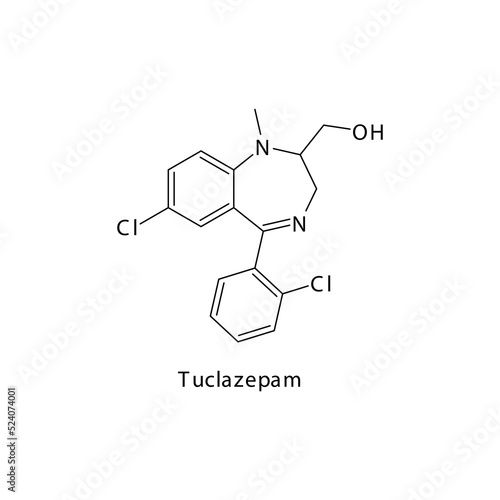 Tuclazepam molecule flat skeletal structure, Benzodiazepine class drug used as Sedative, hypnotic agent. Vector illustration on white background.