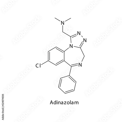 Adinazolam molecule flat skeletal structure, Benzodiazepine class drug used as Anxiolytic, anticonvulsant, sedative, hypnotic agent. Vector illustration on white background.