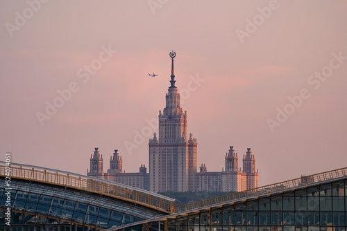 The building of the Moscow State University and the bridge on the background of the evening sky