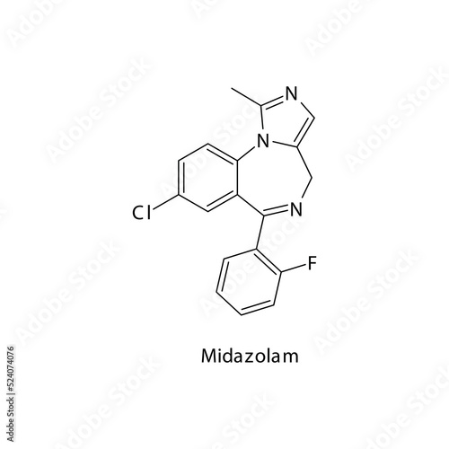 Midazolam molecule flat skeletal structure, Benzodiazepine class drug used as Anxiolytic, anticonvulsant, sedative, hypnotic agent. Vector illustration on white background.