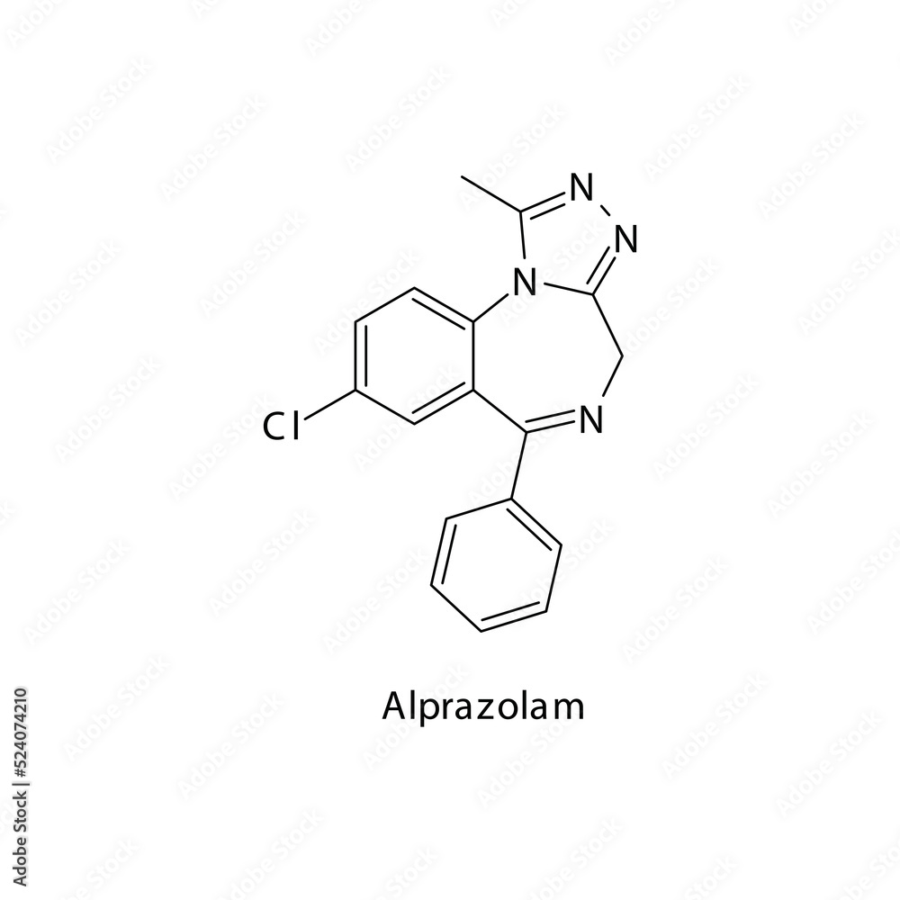 Alprazolam molecule flat skeletal structure, Benzodiazepine class drug used as Sedative, hypnotic agent. Vector illustration on white background. Alprazolam molecule flat skeletal structure, Benzodiazepine class drug used as Sedative, hypnotic agent. Vector illustration on white background.
