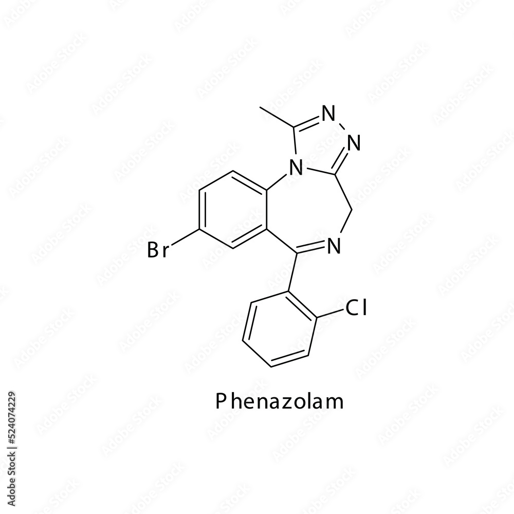 Phenazolam molecule flat skeletal structure, Benzodiazepine class drug used as designer drug. Vector illustration on white background. Phenazolam molecule flat skeletal structure, Benzodiazepine class drug used as designer drug. Vector illustration on white background.