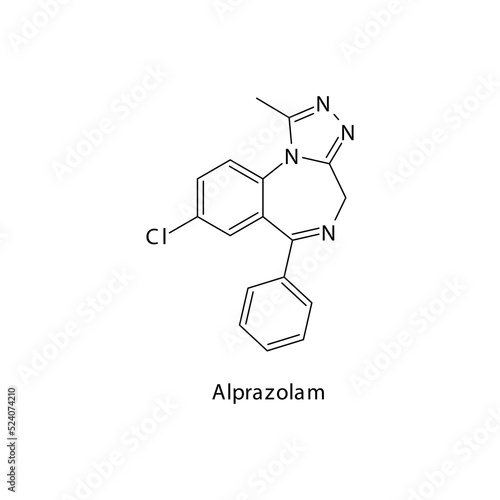 Alprazolam molecule flat skeletal structure, Benzodiazepine class drug used as Sedative, hypnotic agent. Vector illustration on white background.