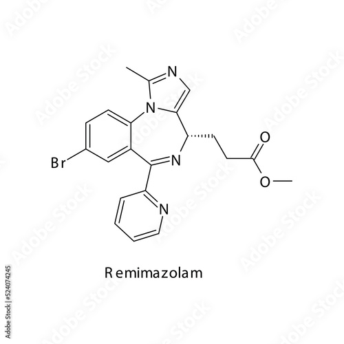 Remimazolam molecule flat skeletal structure, Benzodiazepine class drug used as Sedative, hypnotic agent. Vector illustration on white background.