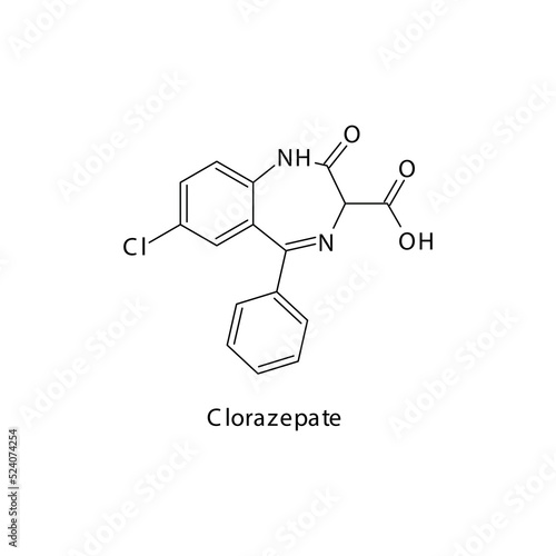 Clorazepate molecule flat skeletal structure, Benzodiazepine class drug used as Anxiolytic, anticonvulsant, sedative, hypnotic agent. Vector illustration on white background.