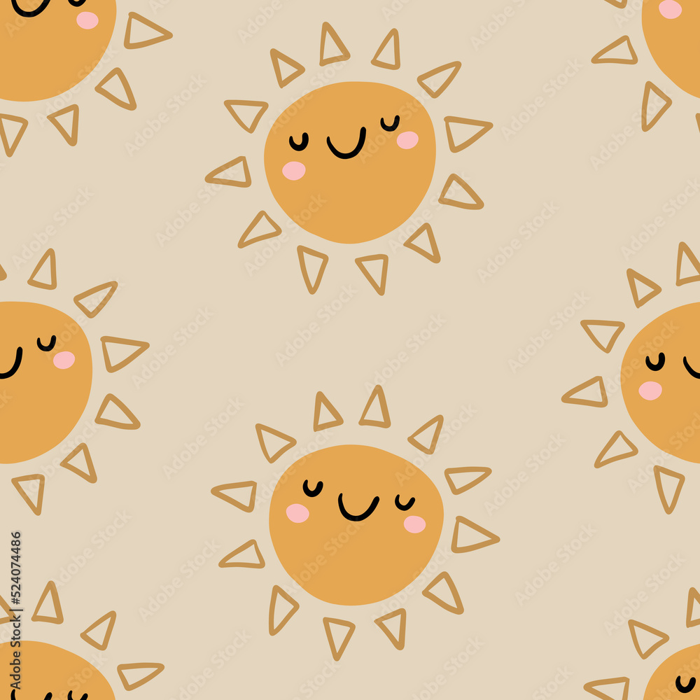Cute seamless pattern of sun icons. Funny happy smiley suns. Bright and beautiful cartoon background.