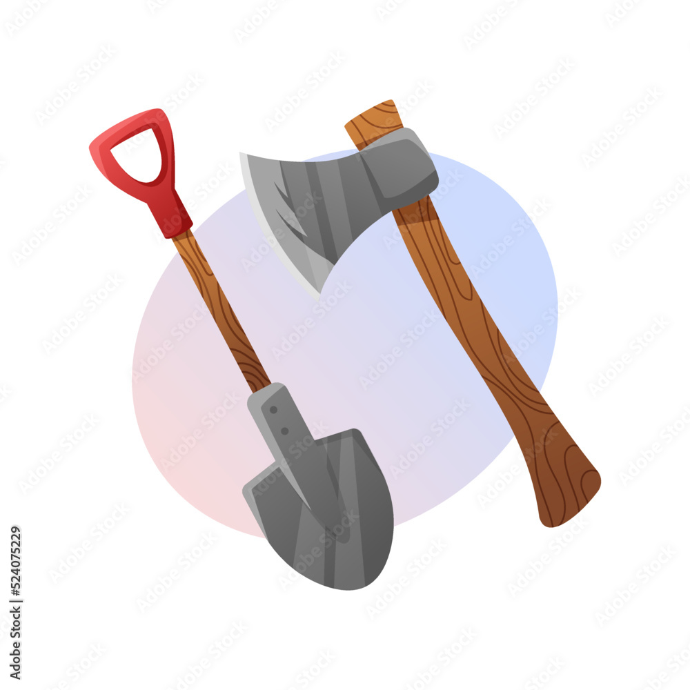 Shovel and axe vector cartoon illustration isolated on gradient