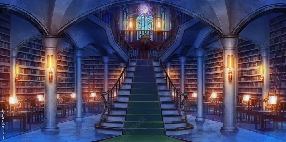 Fantasy library mysterious main hall at night- turned on the light, Anime background, Illustration	