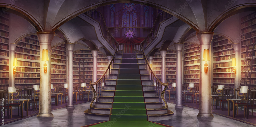 Fantasy library mysterious main hall  - turned on the light Anime background, Illustration	
