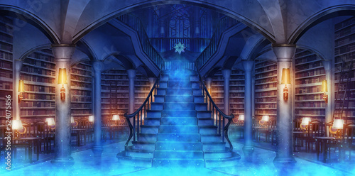 Game Art Fantasy library main hall at night. Digital CG Artwork, Concept Illustration, Realistic Cartoon Style Scene Design