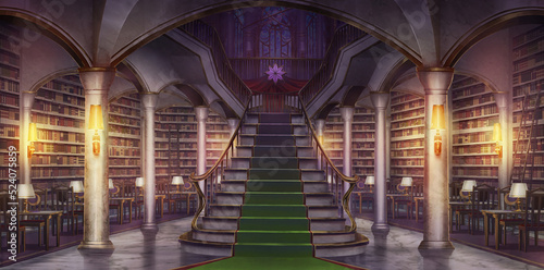 Fantasy library mysterious main hall  - turned on the light Anime background  Illustration  