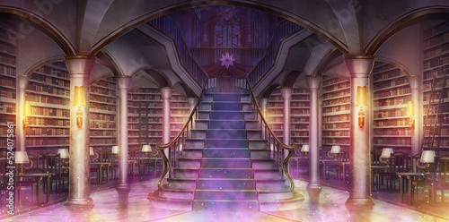 Fantasy library mysterious main hall - turned on the light and purple smoke, Anime background, Illustration