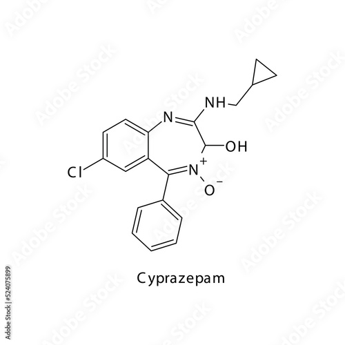 Cyprazepam molecule flat skeletal structure, Benzodiazepine class drug used as Sedative, hypnotic agent. Vector illustration on white background.