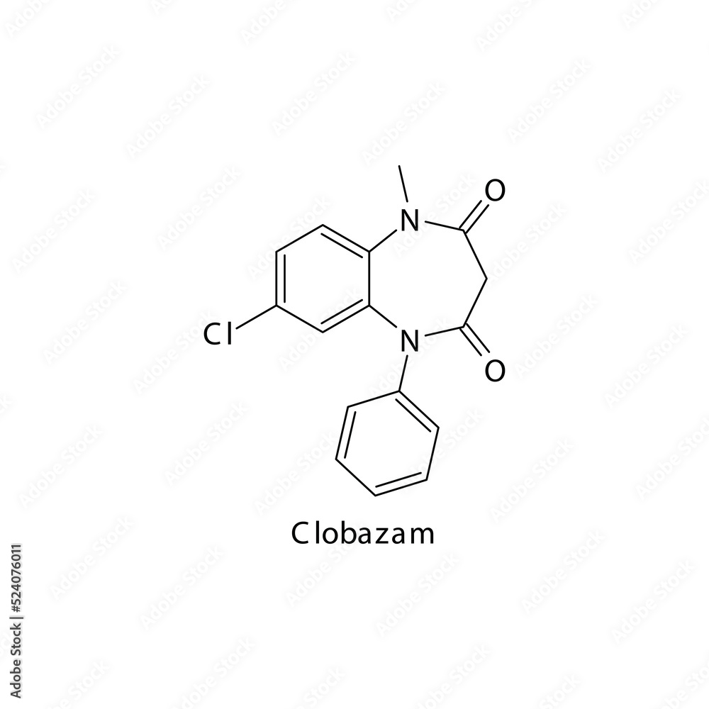 Clobazam molecule flat skeletal structure, Benzodiazepine class drug used as Anxiolytic, anticonvulsant agent. Vector illustration on white background.