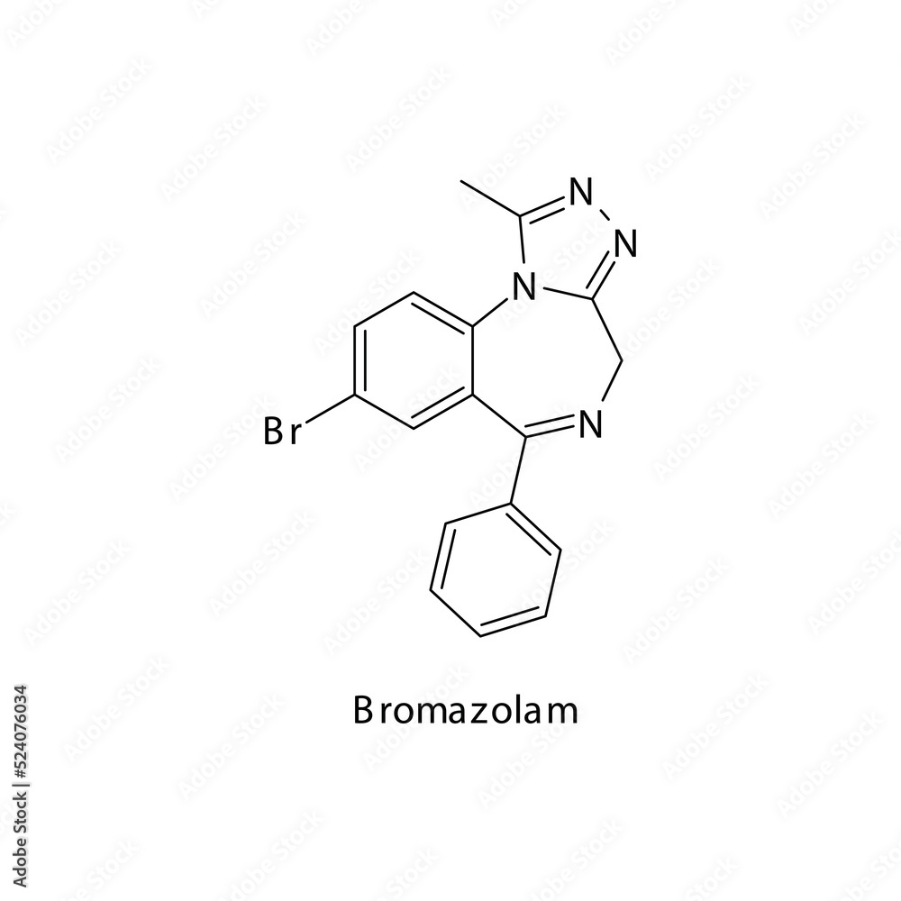 Bromazolam molecule flat skeletal structure, Benzodiazepine class drug used as Sedative, hypnotic agent. Vector illustration on white background. Bromazolam molecule flat skeletal structure, Benzodiazepine class drug used as Sedative, hypnotic agent. Vector illustration on white background.