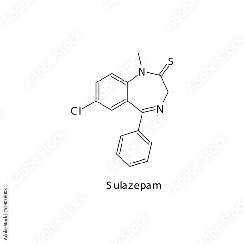 Sulazepam molecule flat skeletal structure, Benzodiazepine class drug used as Anxiolytic, anticonvulsant, sedative, hypnotic agent. Vector illustration on white background.