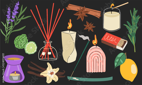 Various candles, various aromatic objects and plants, natural wax aromatherapy, handmade candle with essential oils, hand drawn vector illustrations, isolated vector objects.