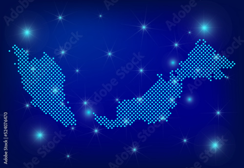 Malaysia map in blue. Dotted map. Dots  State of Malaysia map with spotlights on dark blue background.  Global social network.  Blue futuristic background with Dotted map . EPS10
