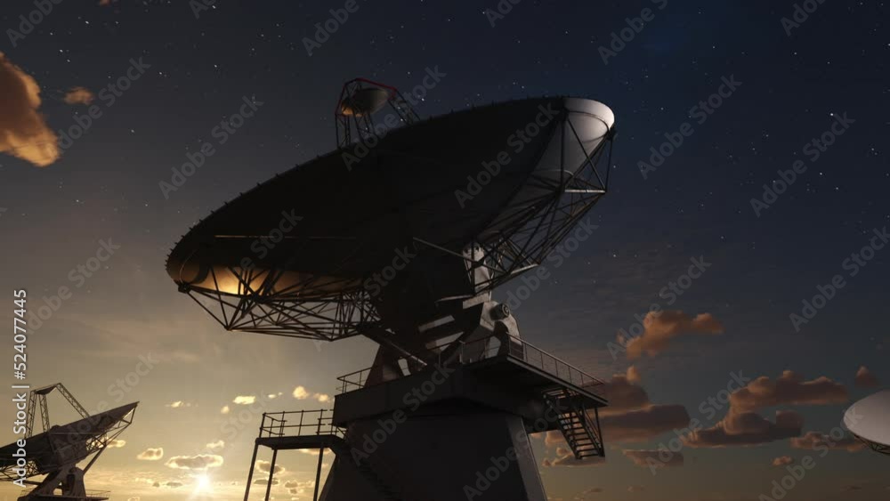a group of space antennas or ground observatories observing space from the earth's surface against the background of a sunset sky a group of space antennas or ground observatories observing space from the earth's surface against the background of a sunset sky