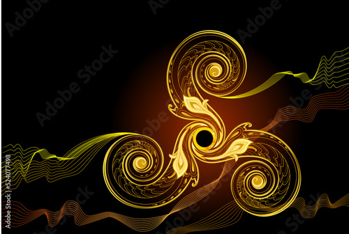 Abstract Celtic background. Triple trickle symbol with golden light. Luxury ornate gold ornament. Print for greeting card, poster, mural wallpaper, invitation, decoration. Vector illustration.