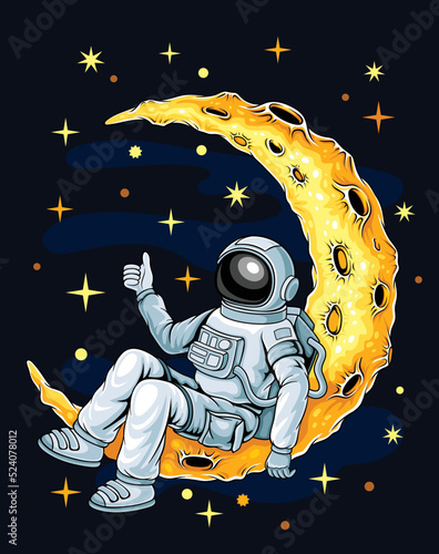 Astronaut sitting on moon. Man in spacesuit surrounded by stars and comets showing thumbs up. Outer space, universe and galaxy. Design element for social media. Cartoon flat vector illustration