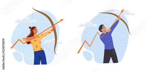 Economic recovery. Entrepreneurs point financial arrow or statistics upwards. Male and female investors increase profits or income. Revenue growth. Cartoon flat vector set isolated on white background