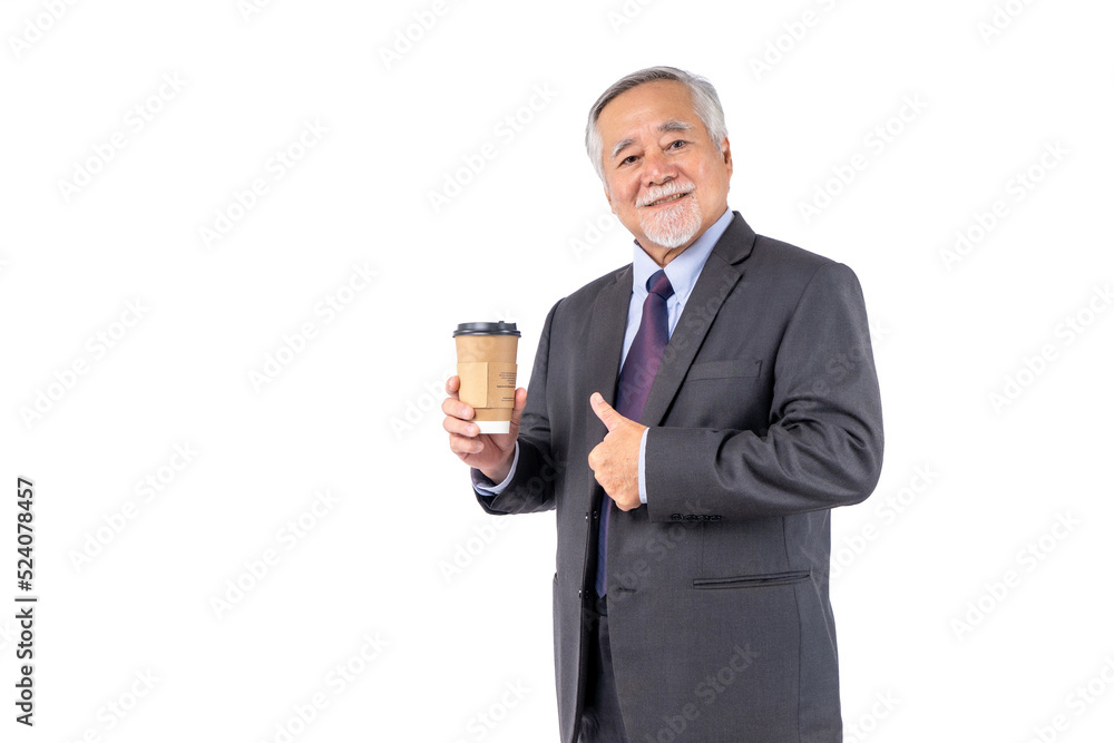positive asian adult business senior old man holding coffee cup with wearing suit on white background,People lifestyle concept. positive asian adult business senior old man holding coffee cup with wearing suit on white background,People lifestyle concept.