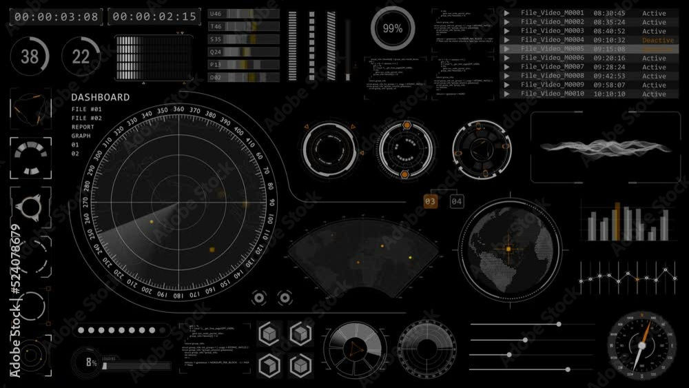 Motion graphic of Sonar radar screen searching an object with futuristic head up display ( HUD UI ) technology interface screen and chat panel abstract background Alpha channel included	
