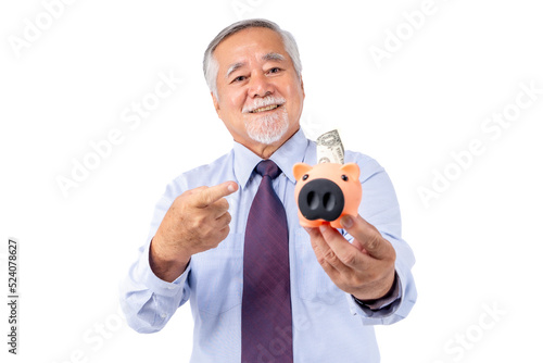 asian businessman elderly men hold piggy bank, cheerful and confident, finance and employment, entrepreneur and money currency payment bill concept.