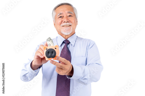asian businessman elderly men hold piggy bank, cheerful and confident, finance and employment, entrepreneur and money currency payment bill concept.