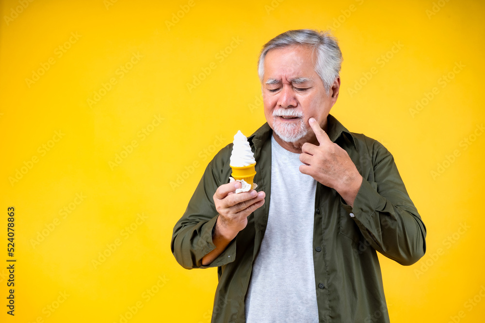 elderly men holding icecream, old man problem with Teeth, Desserts for elderly, Portrait Asian