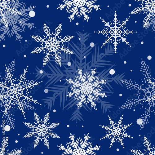 Winter seamless pattern with snowflakes and snow on blue background.
