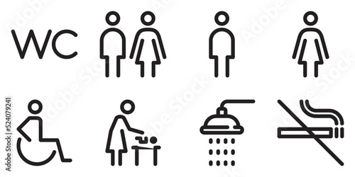 Toilet line icon set. WC sign. Man,woman,shower, mother with baby and handicap symbol. Restroom for male, female, disabled. Vector graphics